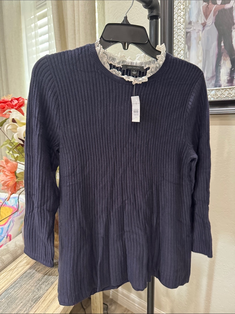 Ann Taylor Navy Ribbed Long-Sleeve Top with Lace-Trim Neck